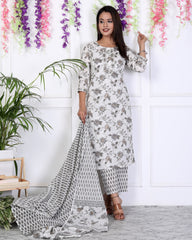 White Cotton Printed Embroidered Kurta Pant Set with Dupatta