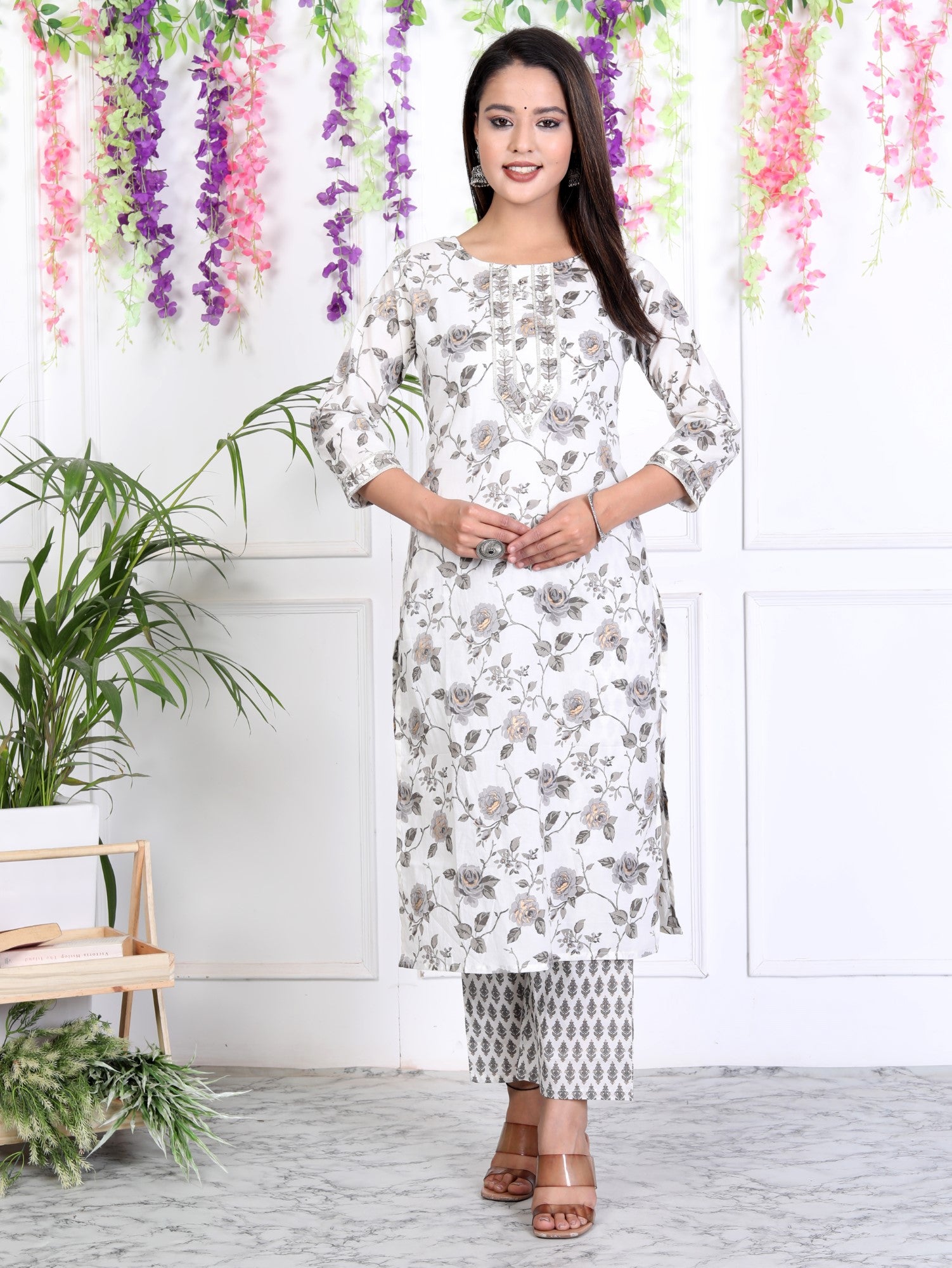 White Cotton Printed Embroidered Kurta Pant Set with Dupatta