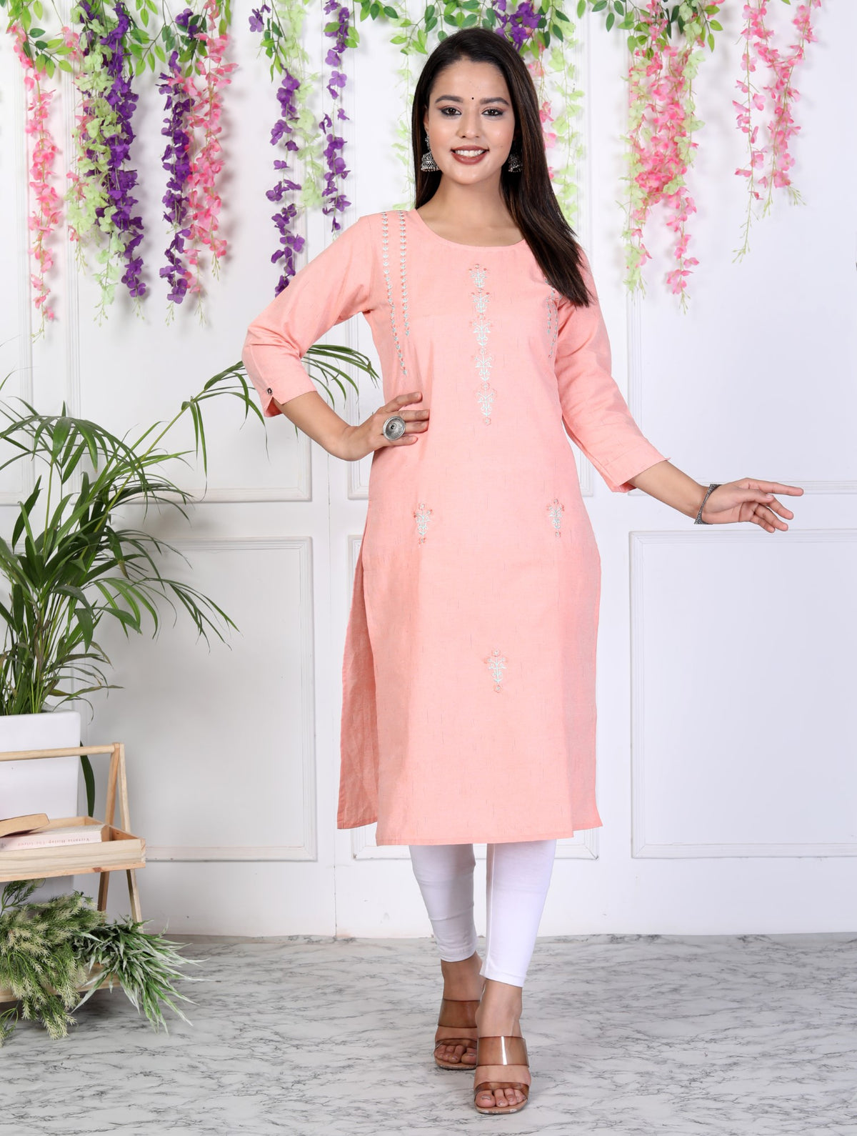 Peach Cotton Solid Print Straight Kurta-1031