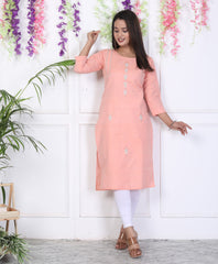 Peach Cotton Solid Print Straight Kurta-1031