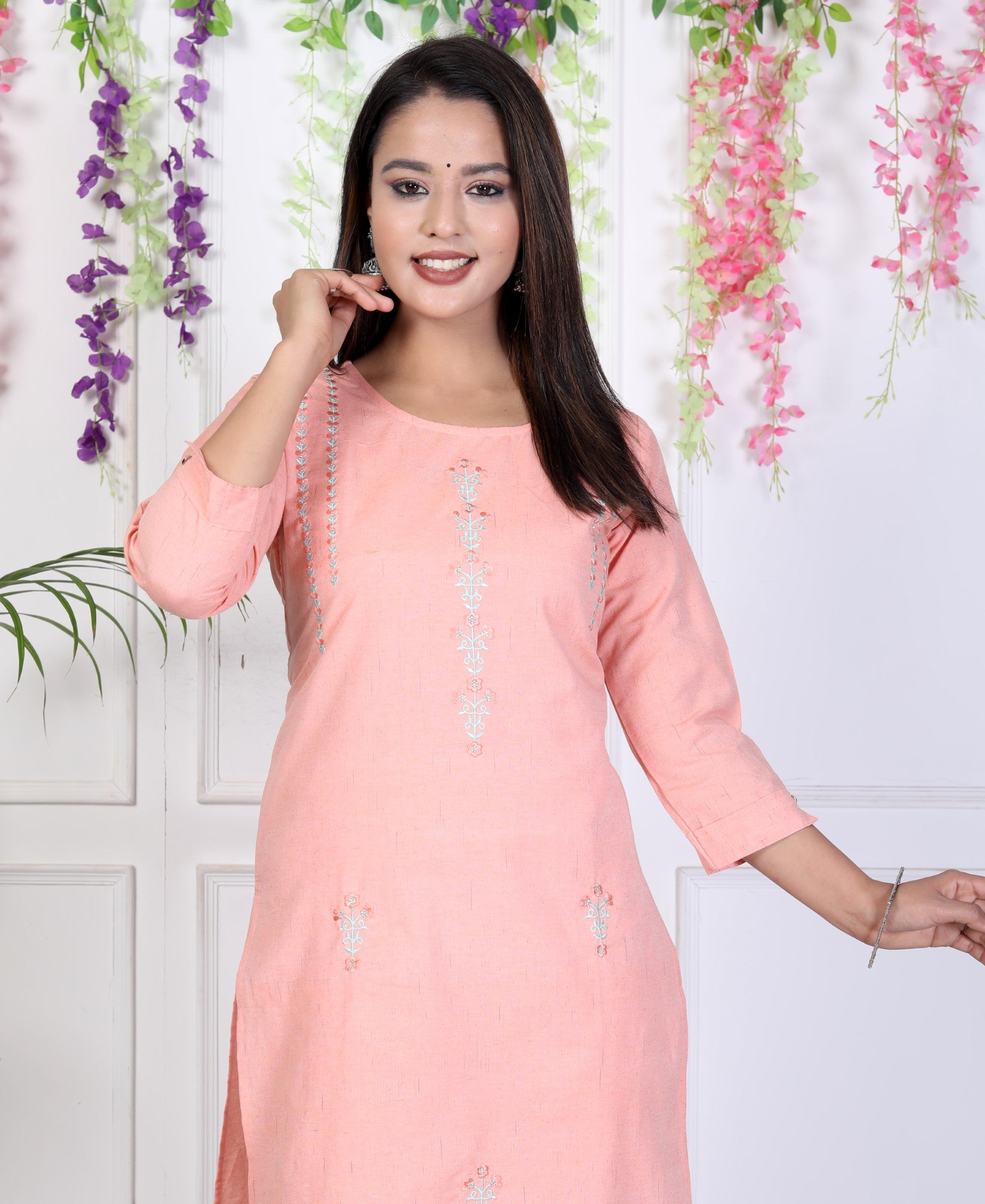 Peach Cotton Solid Print Straight Kurta-1031