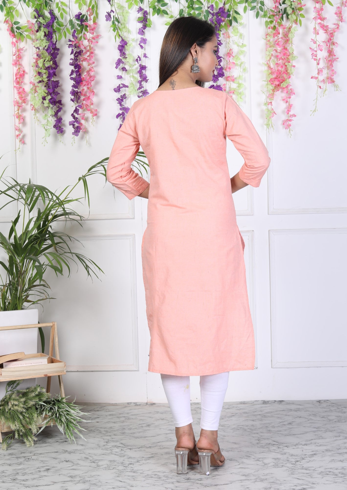 Peach Cotton Solid Print Straight Kurta-1031