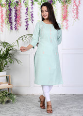 Blue Cotton Solid Print Straight Kurta