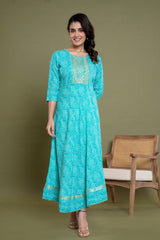 Turquoise Cotton Blend Printed Anarkali Kurta