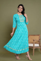 Turquoise Cotton Blend Printed Anarkali Kurta