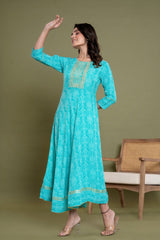 Turquoise Cotton Blend Printed Anarkali Kurta