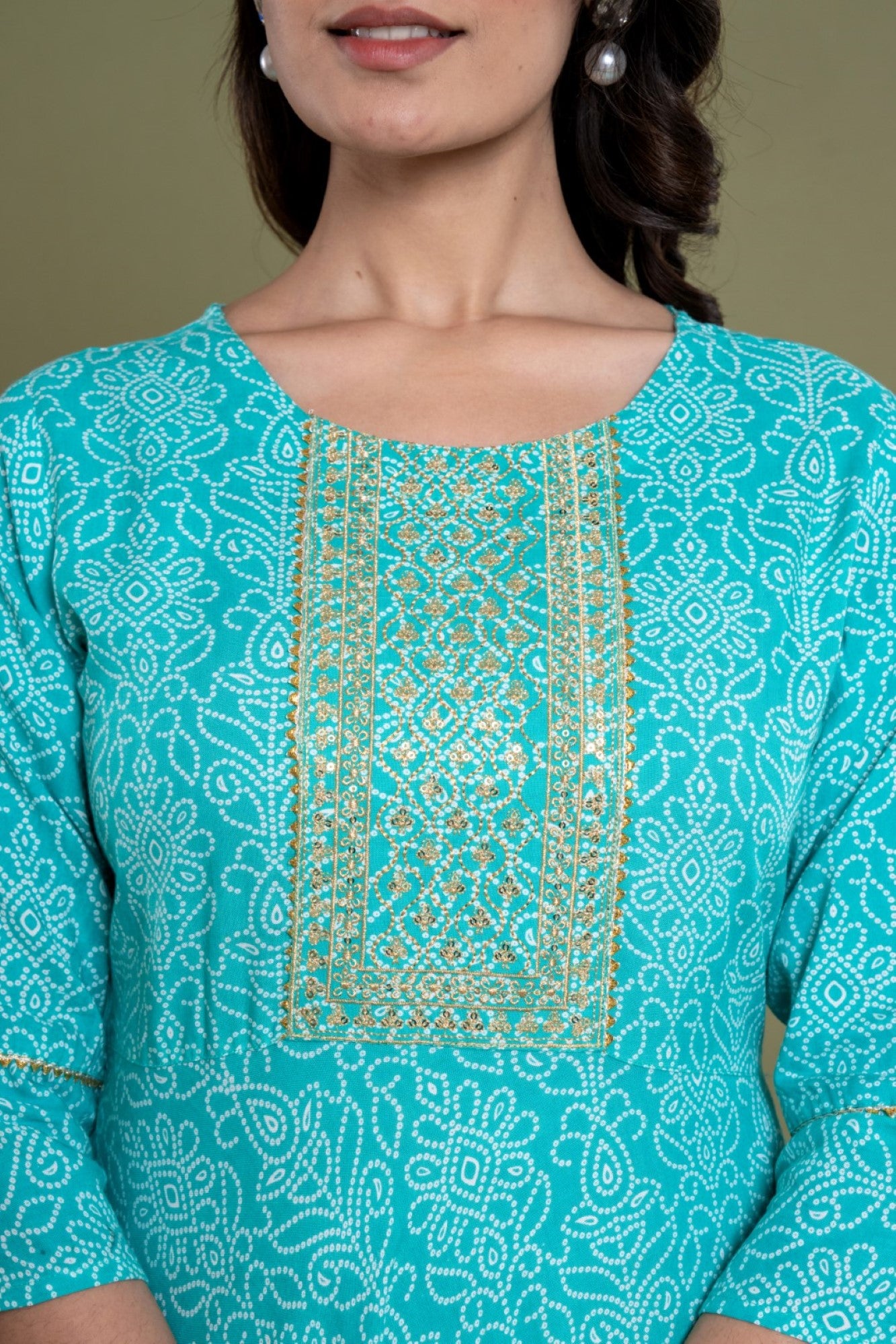 Turquoise Cotton Blend Printed Anarkali Kurta