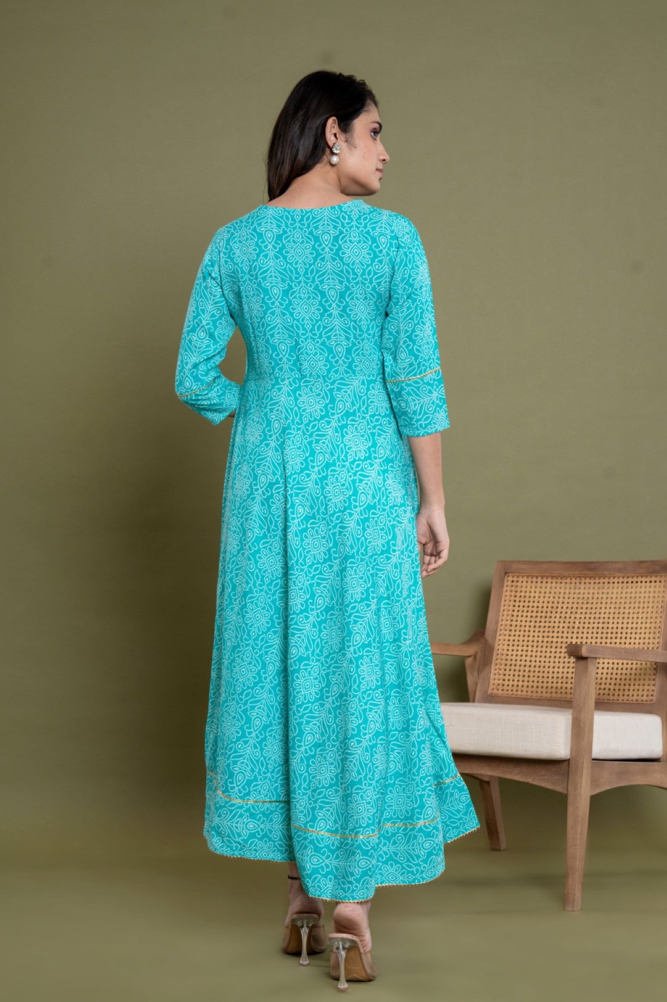 Turquoise Cotton Blend Printed Anarkali Kurta