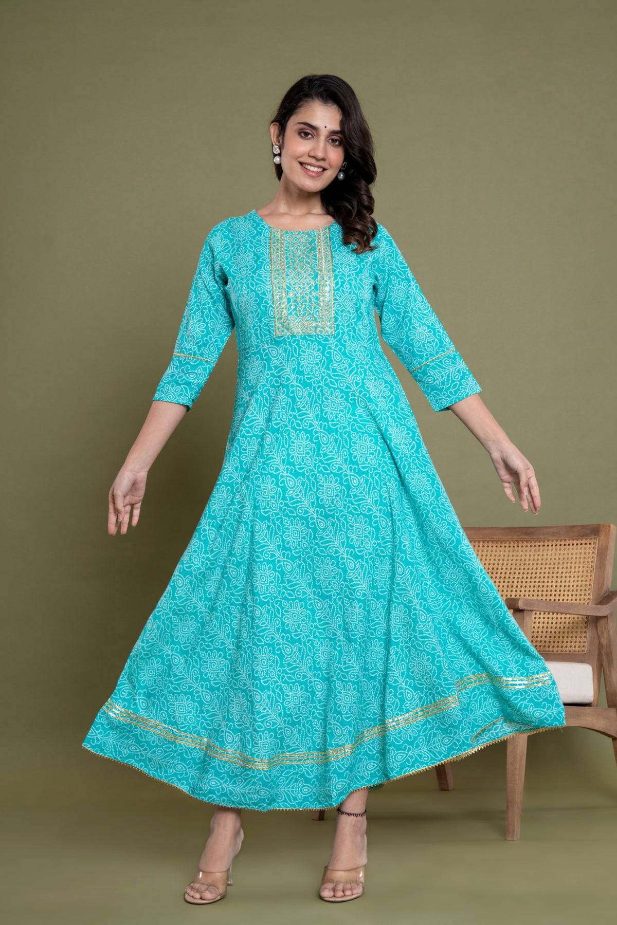 Turquoise Cotton Blend Printed Anarkali Kurta