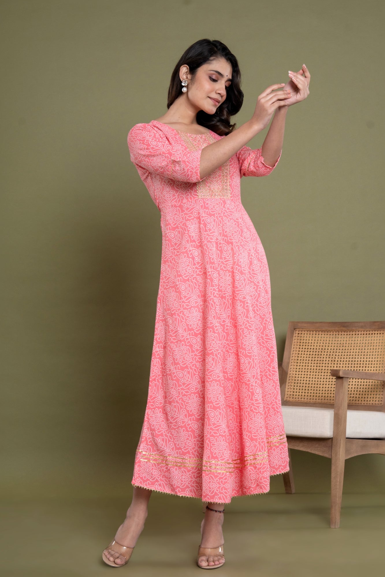 Peach Cotton Blend Printed Anarkali Kurta -1051