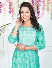 Turquoise Cotton Blend Printed Anarkali Kurta