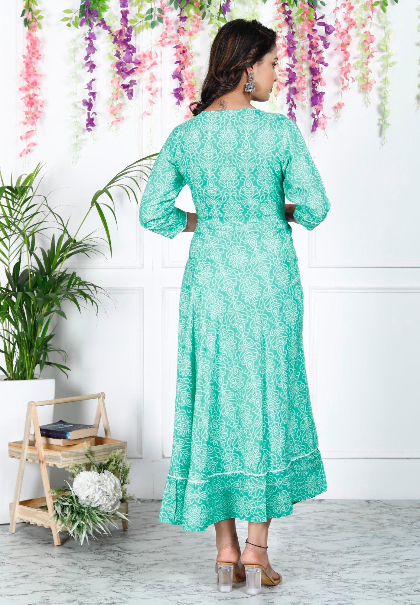 Turquoise Cotton Blend Printed Anarkali Kurta