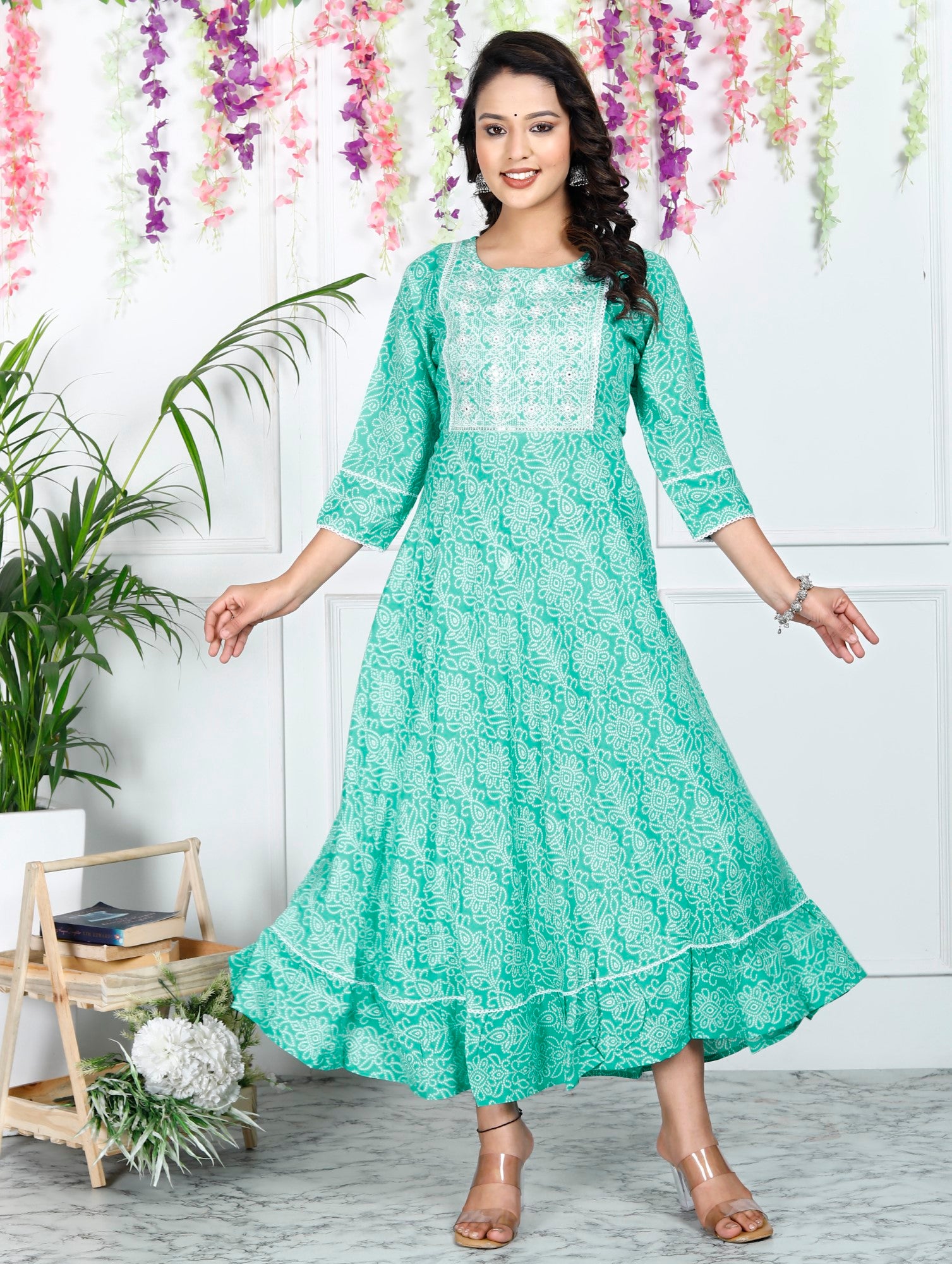 Turquoise Cotton Blend Printed Anarkali Kurta