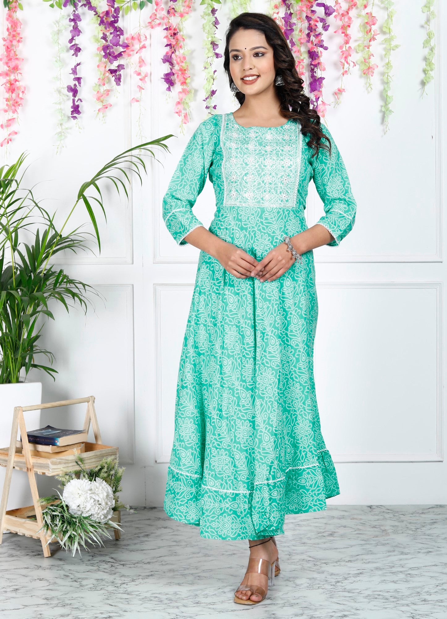 Turquoise Cotton Blend Printed Anarkali Kurta