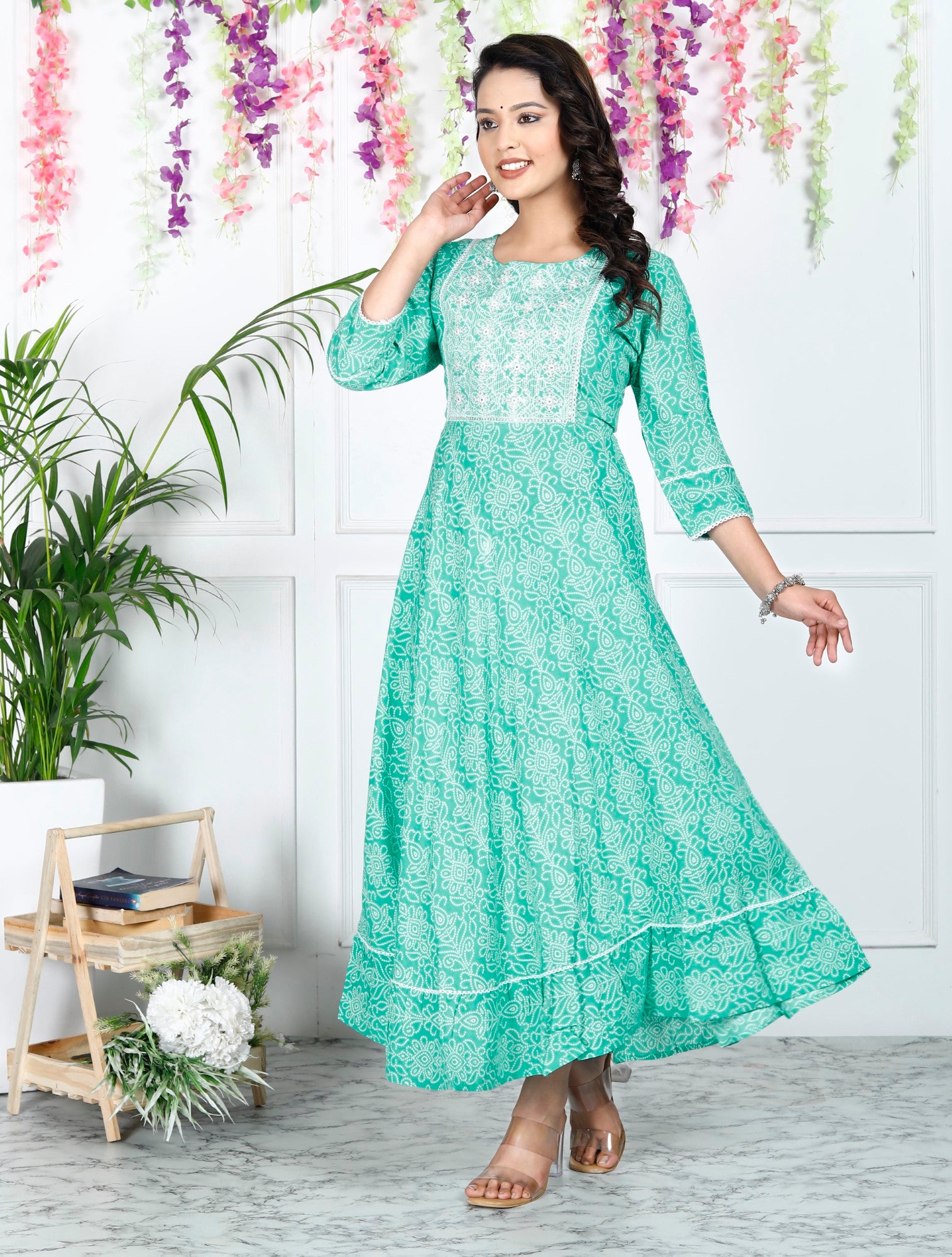 Turquoise Cotton Blend Printed Anarkali Kurta