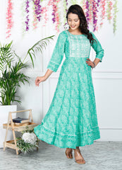 Turquoise Cotton Blend Printed Anarkali Kurta