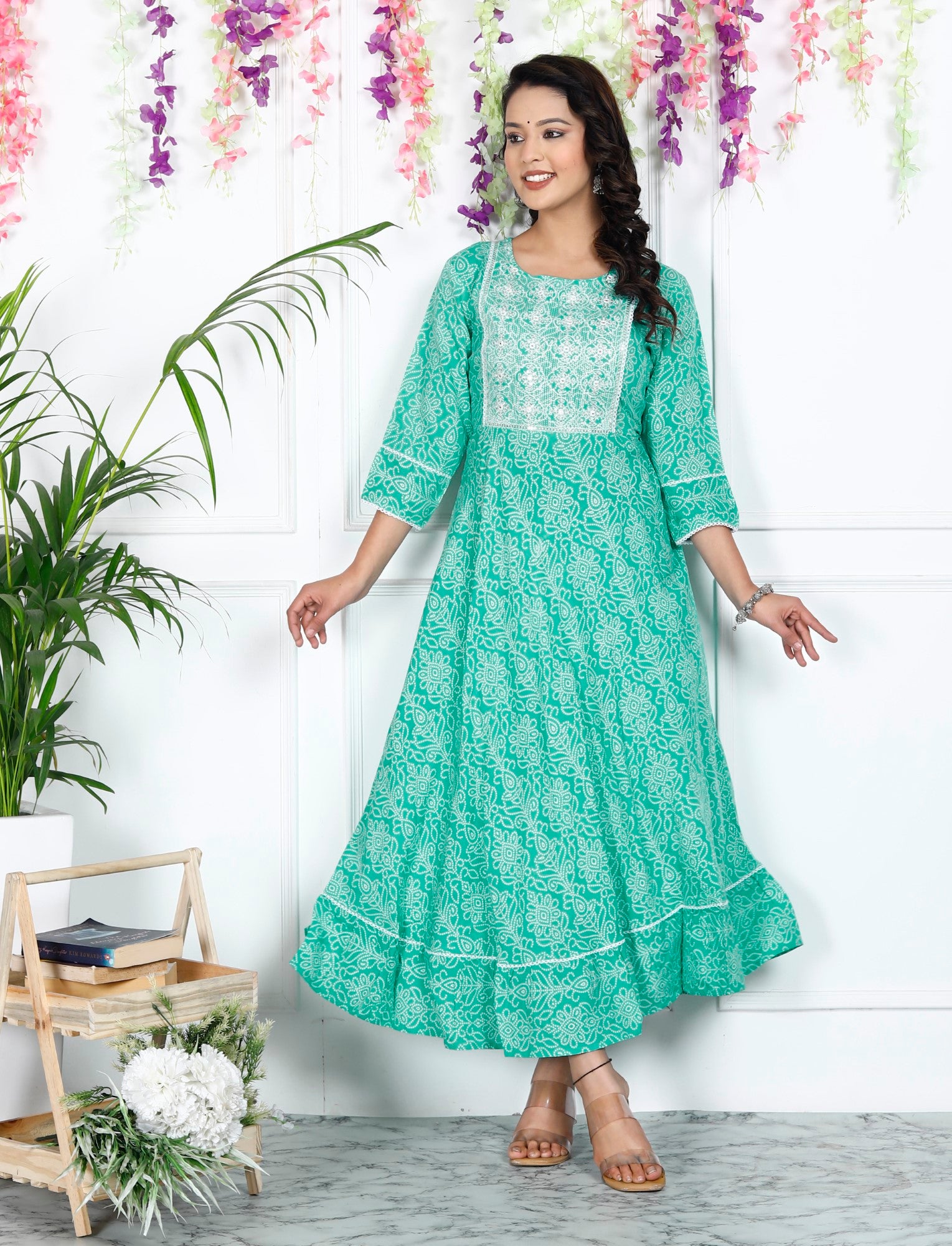 Turquoise Cotton Blend Printed Anarkali Kurta