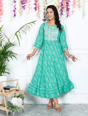 Turquoise Cotton Blend Printed Anarkali Kurta