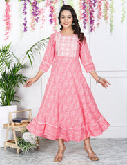 Peach Cotton Blend Printed Anarkali Kurta -1098