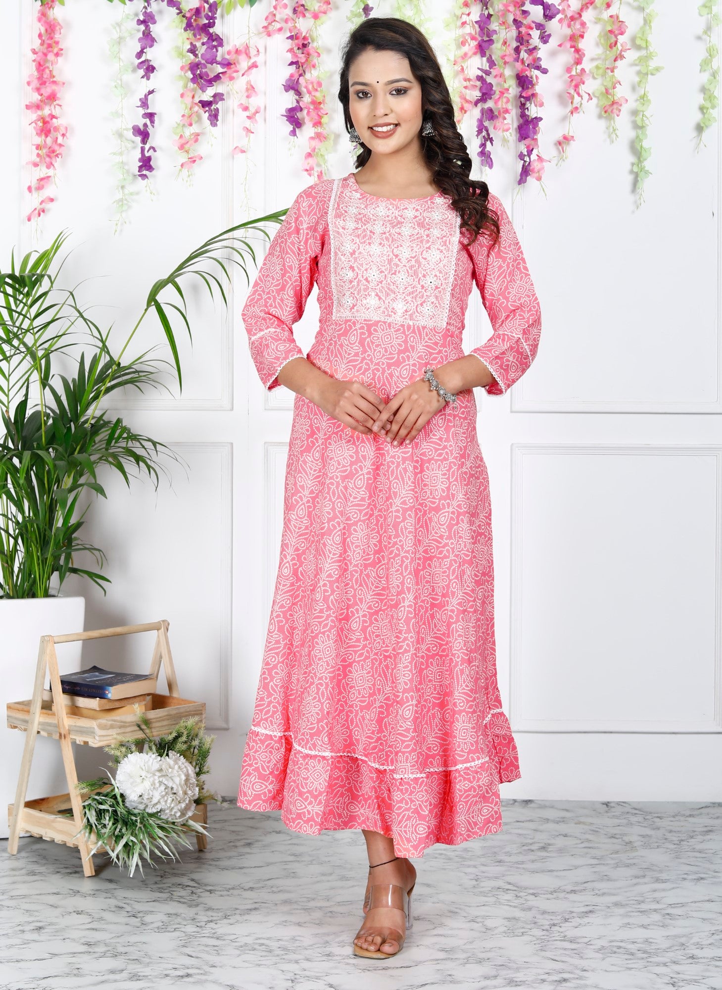 Peach Cotton Blend Printed Anarkali Kurta -1098