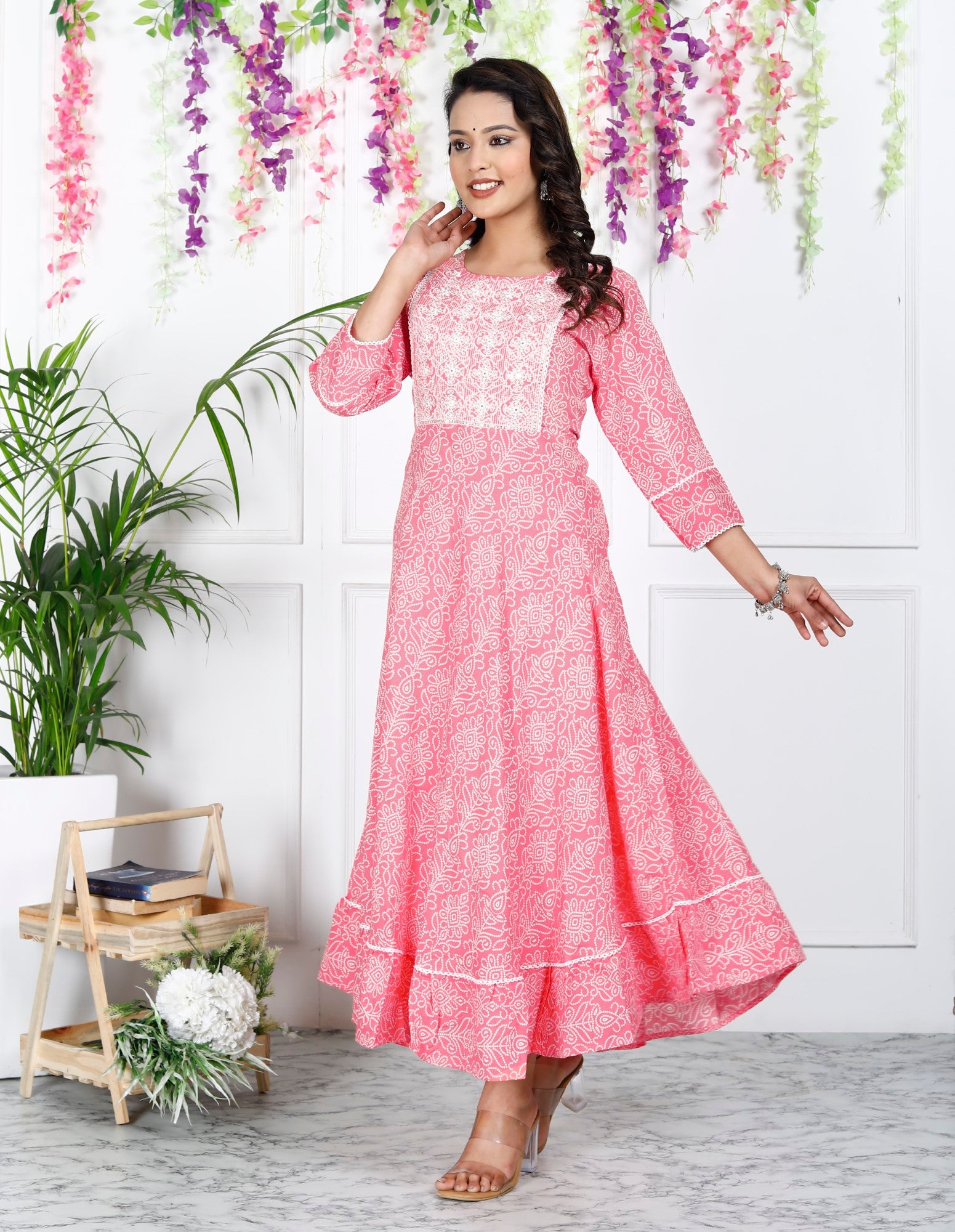 Peach Cotton Blend Printed Anarkali Kurta -1098