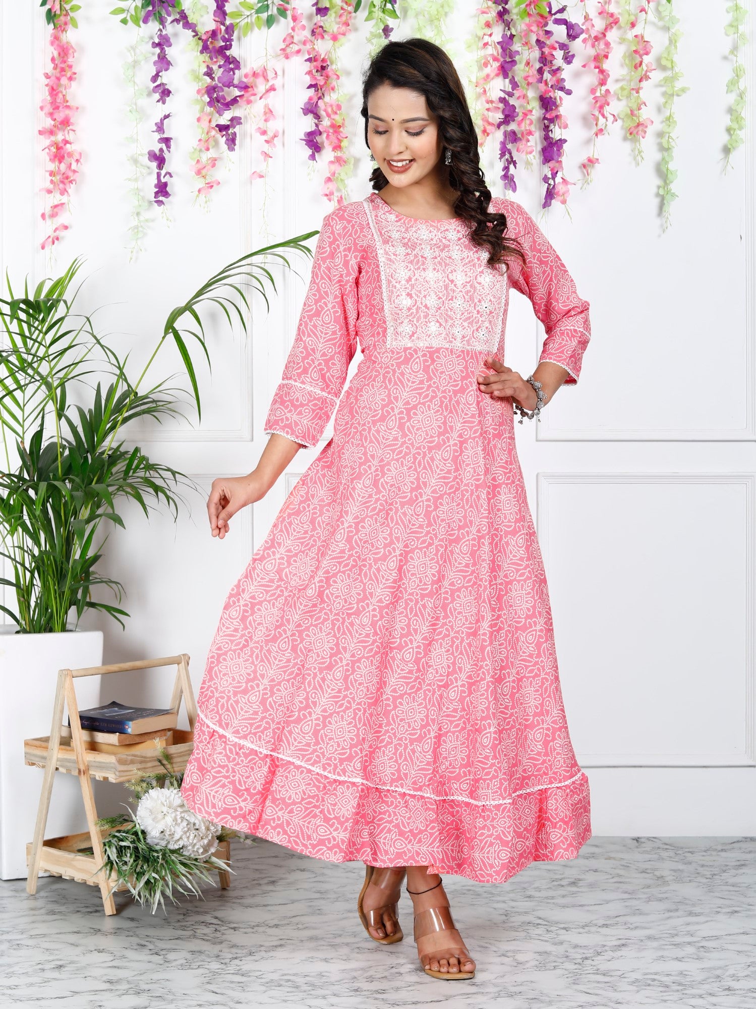 Peach Cotton Blend Printed Anarkali Kurta -1098