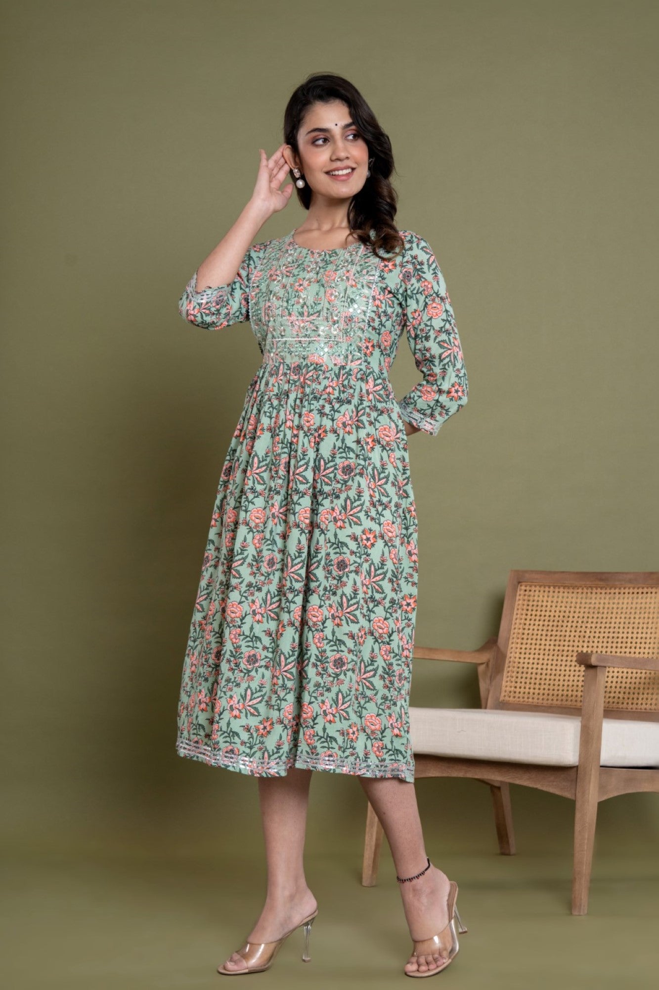 Green Cotton Blend Printed Anarkali Kurta -1099