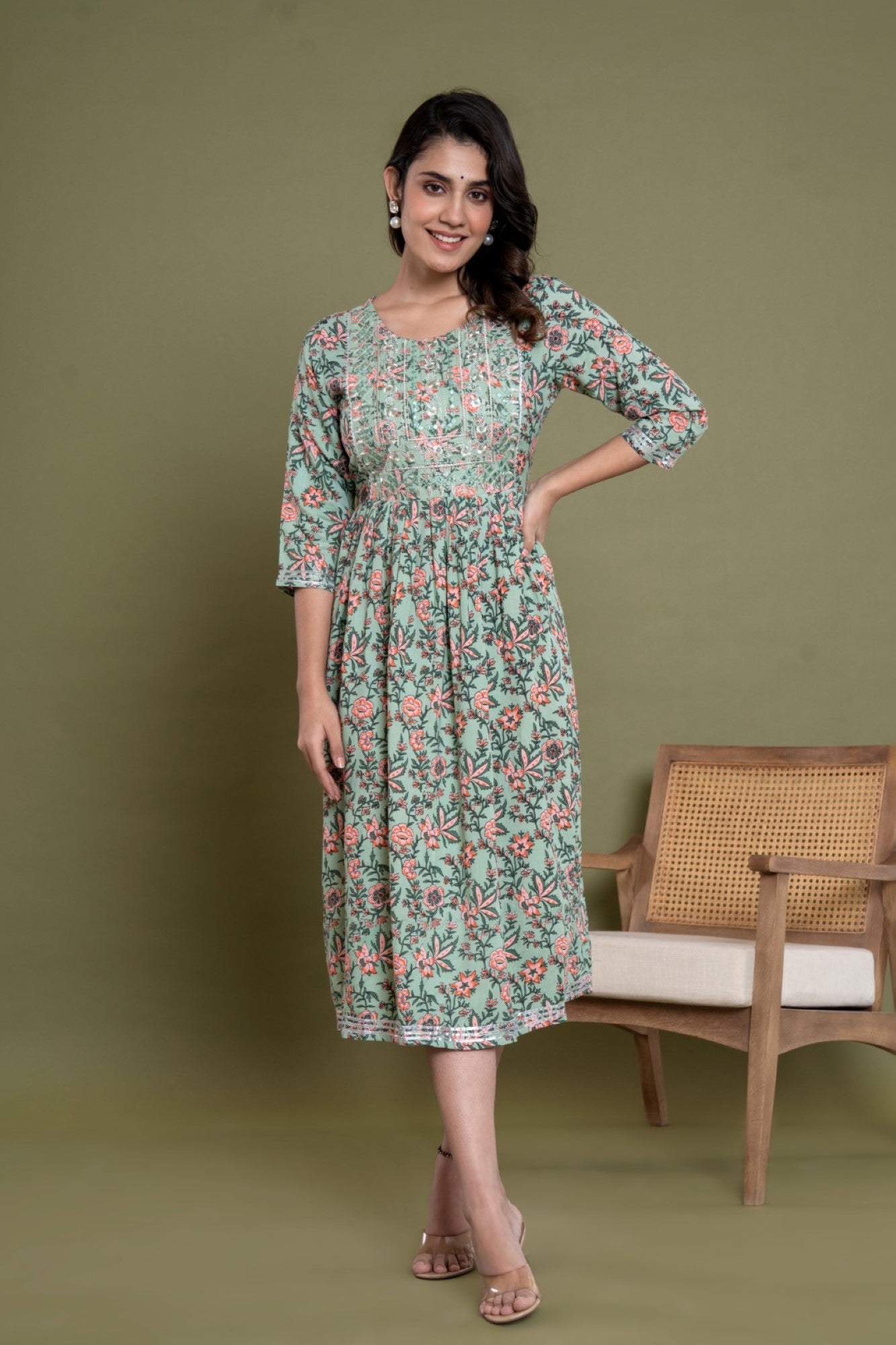 Green Cotton Blend Printed Anarkali Kurta -1099