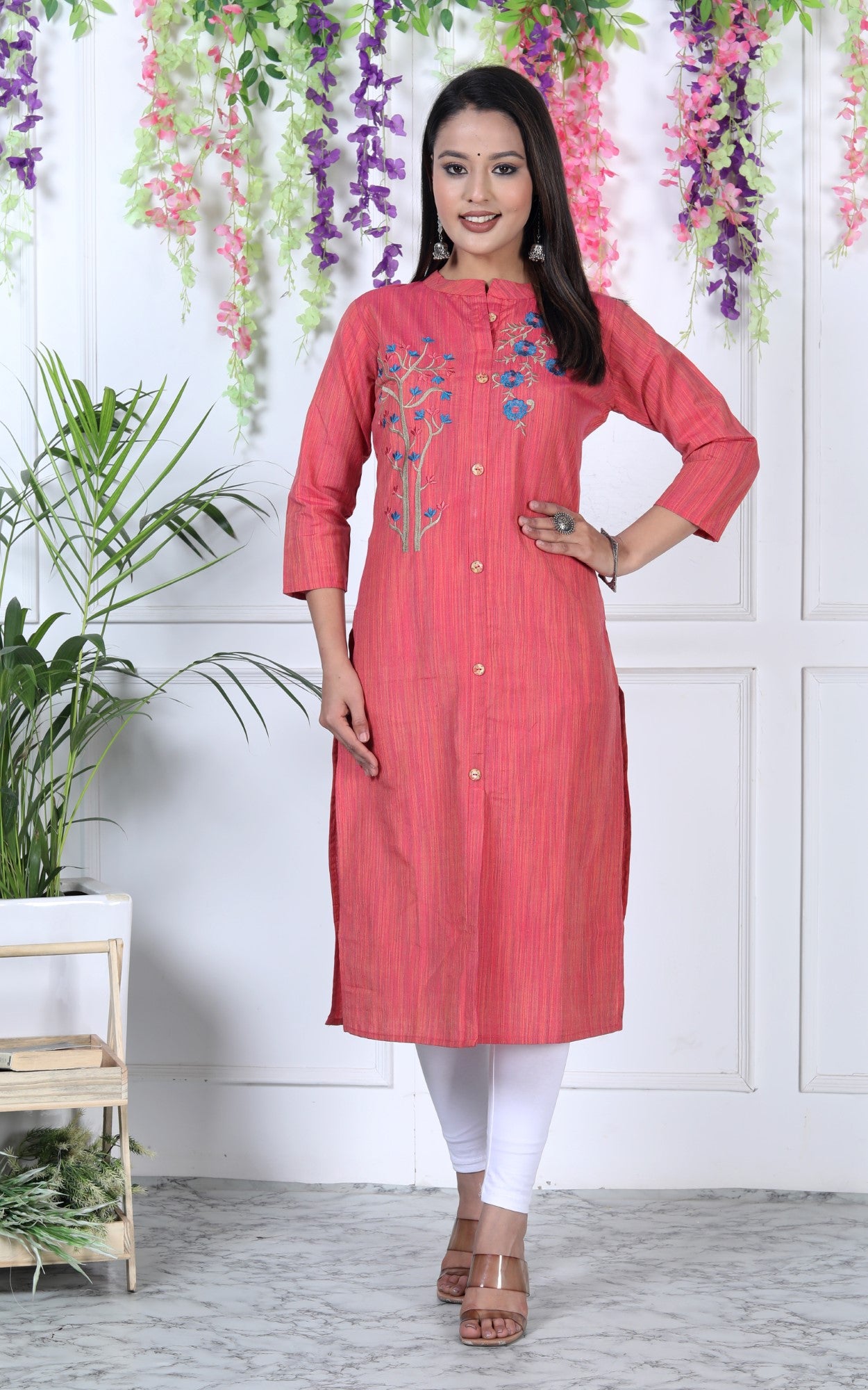 Pink Cotton Solid Print Straight Kurta