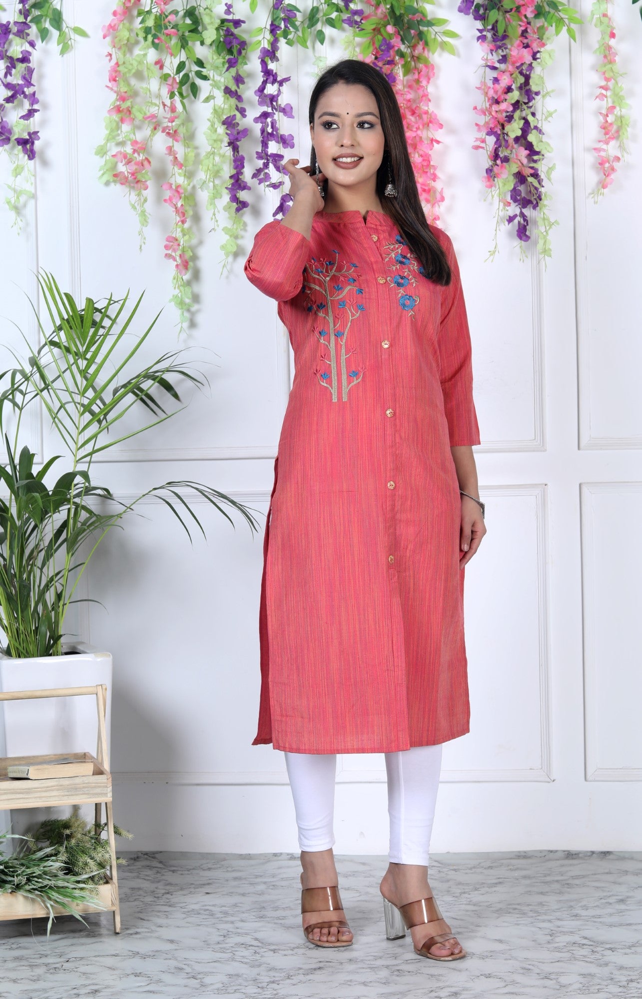 Pink Cotton Solid Print Straight Kurta