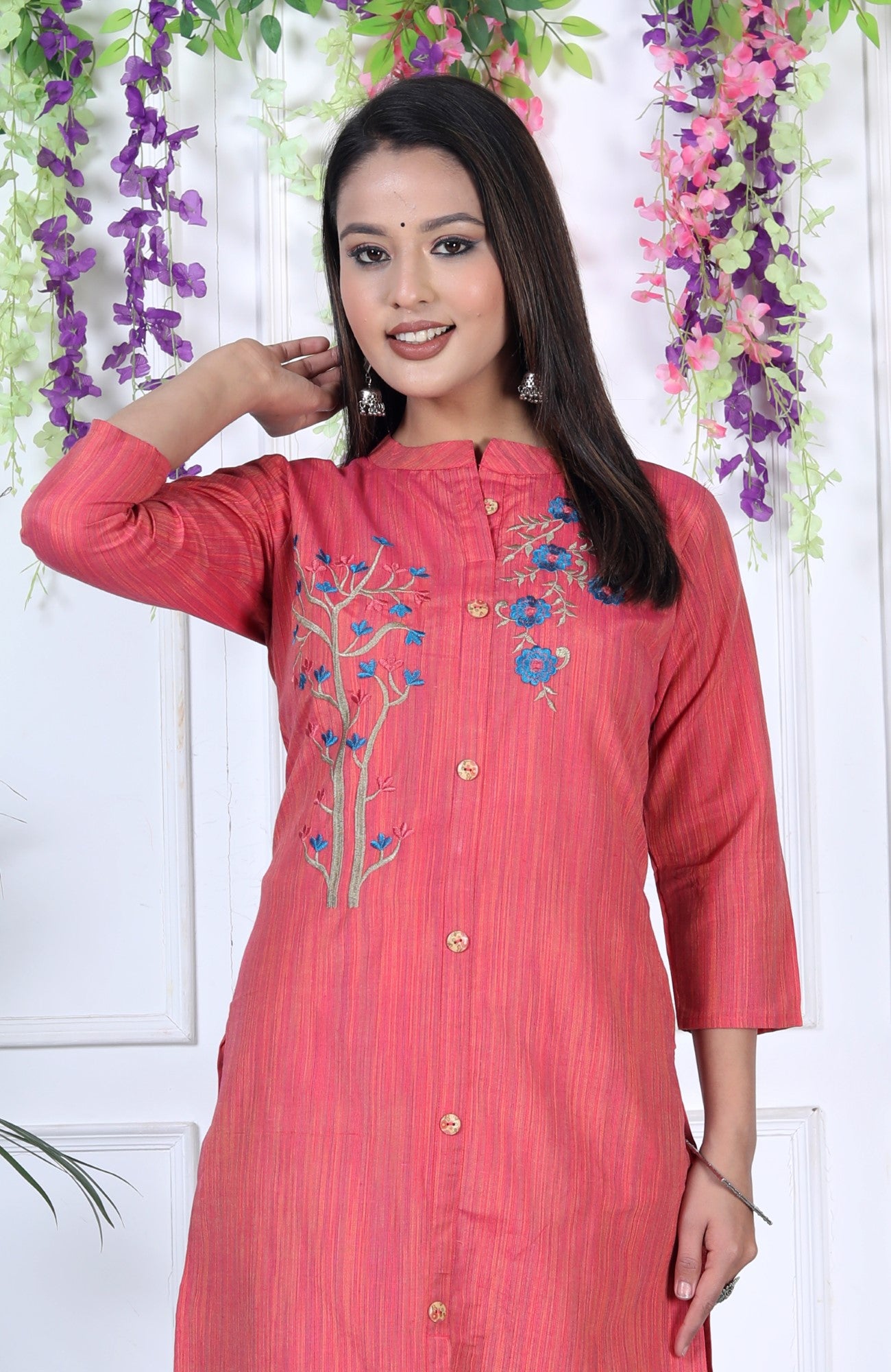 Pink Cotton Solid Print Straight Kurta