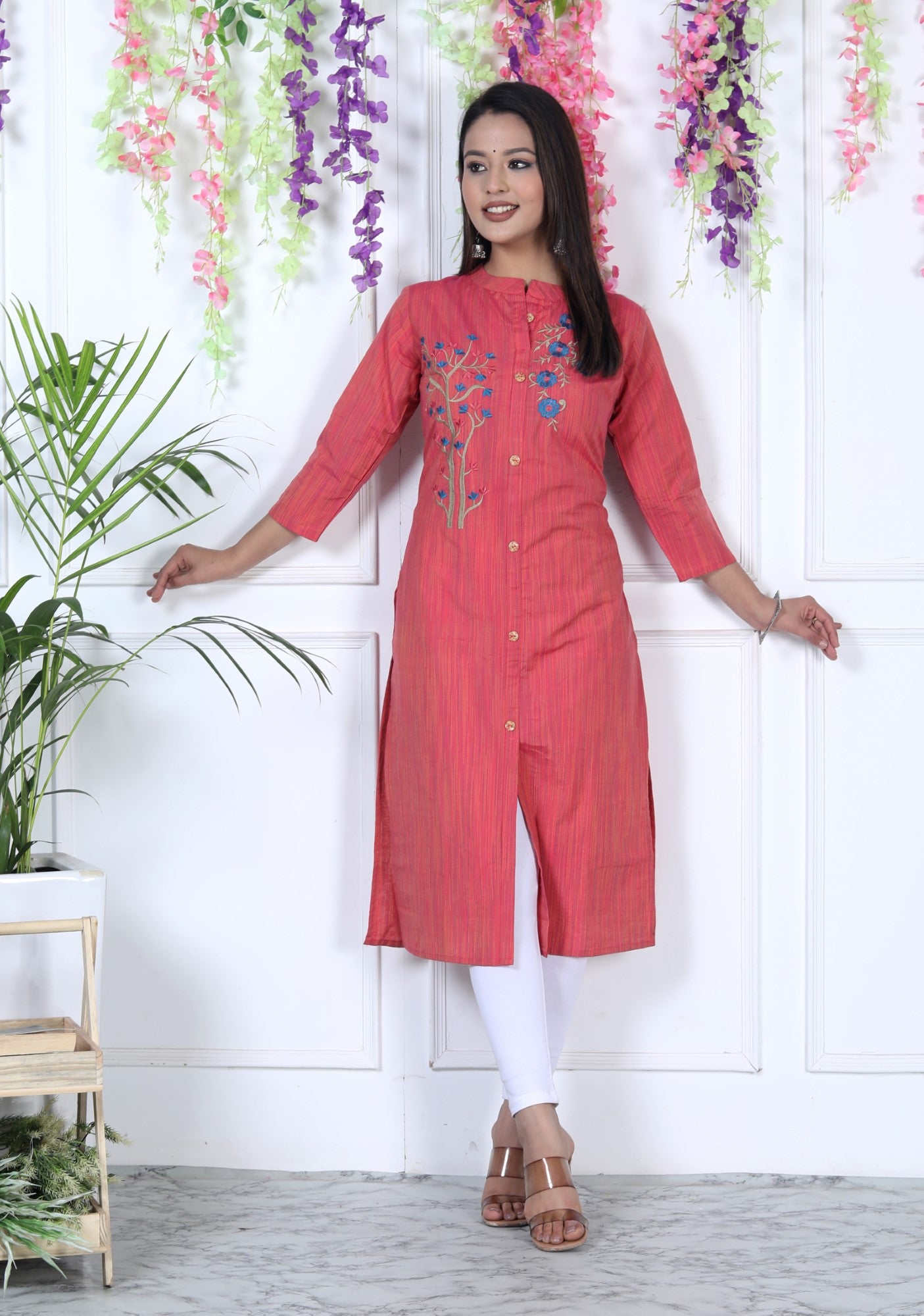 Pink Cotton Solid Print Straight Kurta