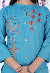 Turquoise Cotton Solid Print Straight Kurta