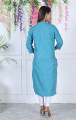 Turquoise Cotton Solid Print Straight Kurta