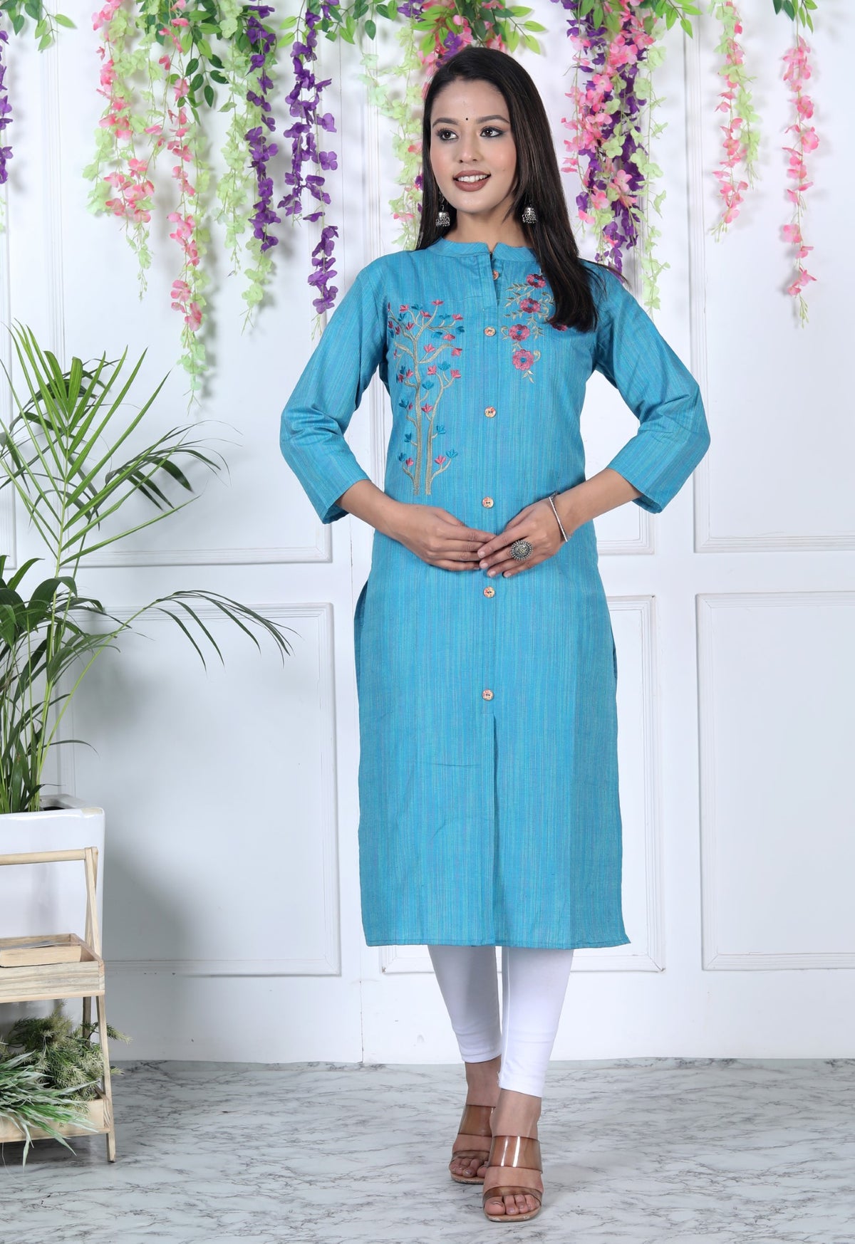 Turquoise Cotton Solid Print Straight Kurta