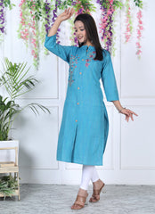 Turquoise Cotton Solid Print Straight Kurta