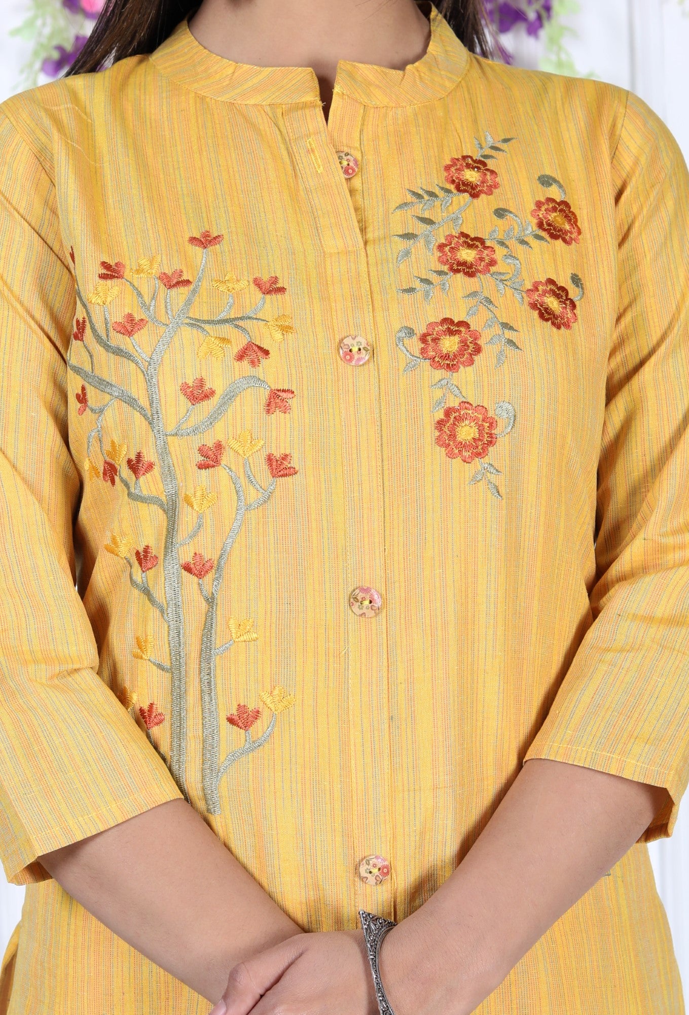 Yellow Cotton Solid Print Straight Kurta-1114