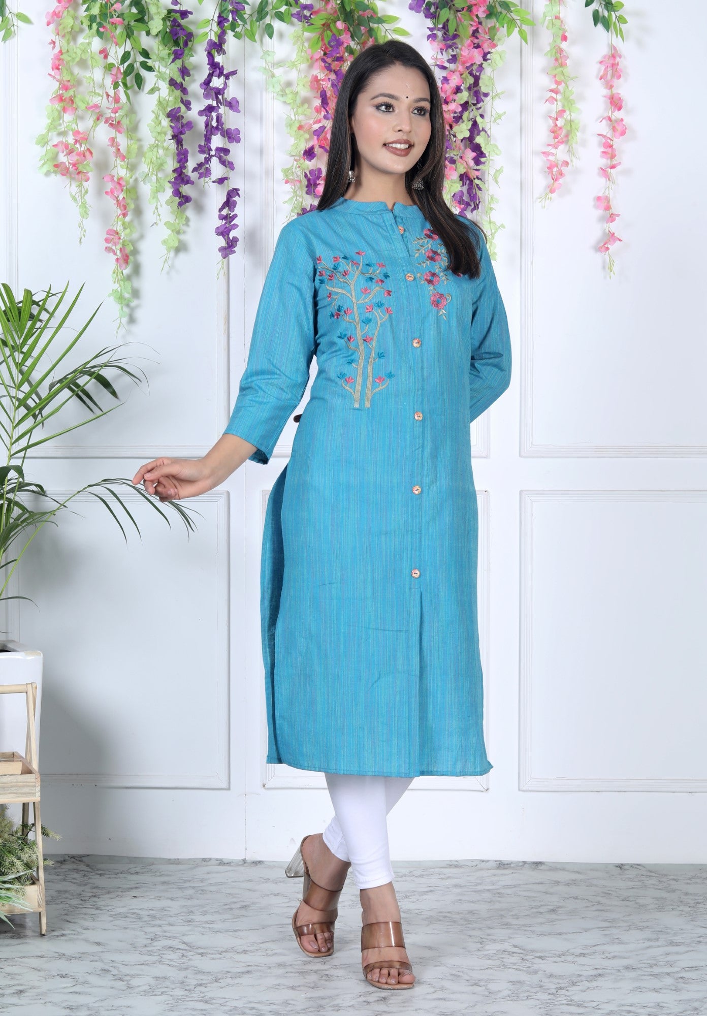 Turquoise Cotton Solid Print Straight Kurta