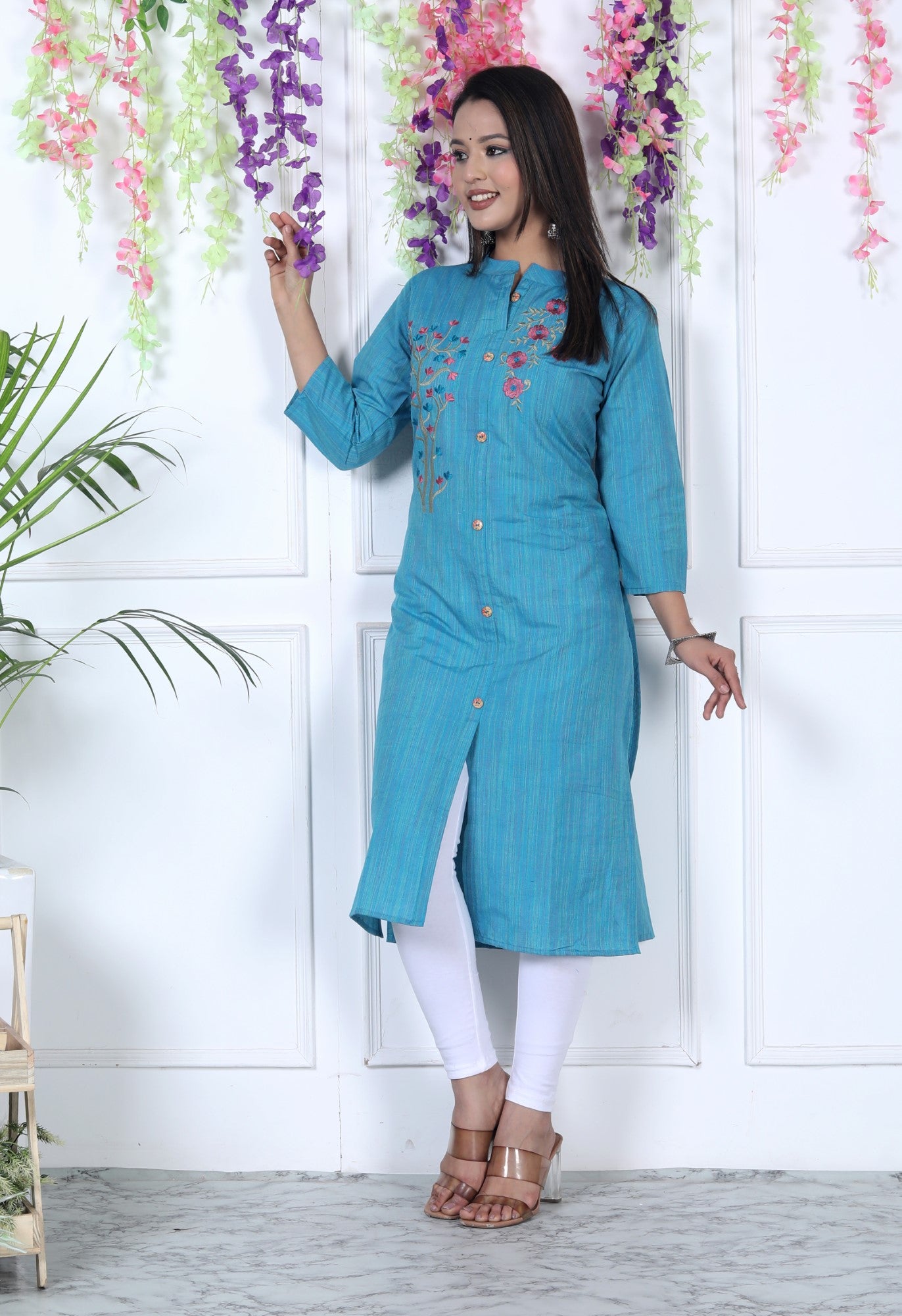 Turquoise Cotton Solid Print Straight Kurta