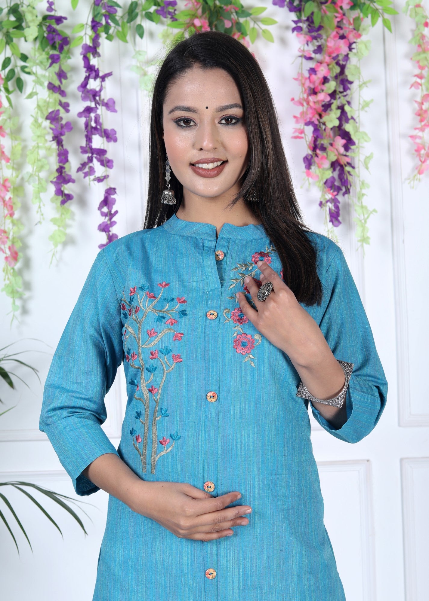 Turquoise Cotton Solid Print Straight Kurta