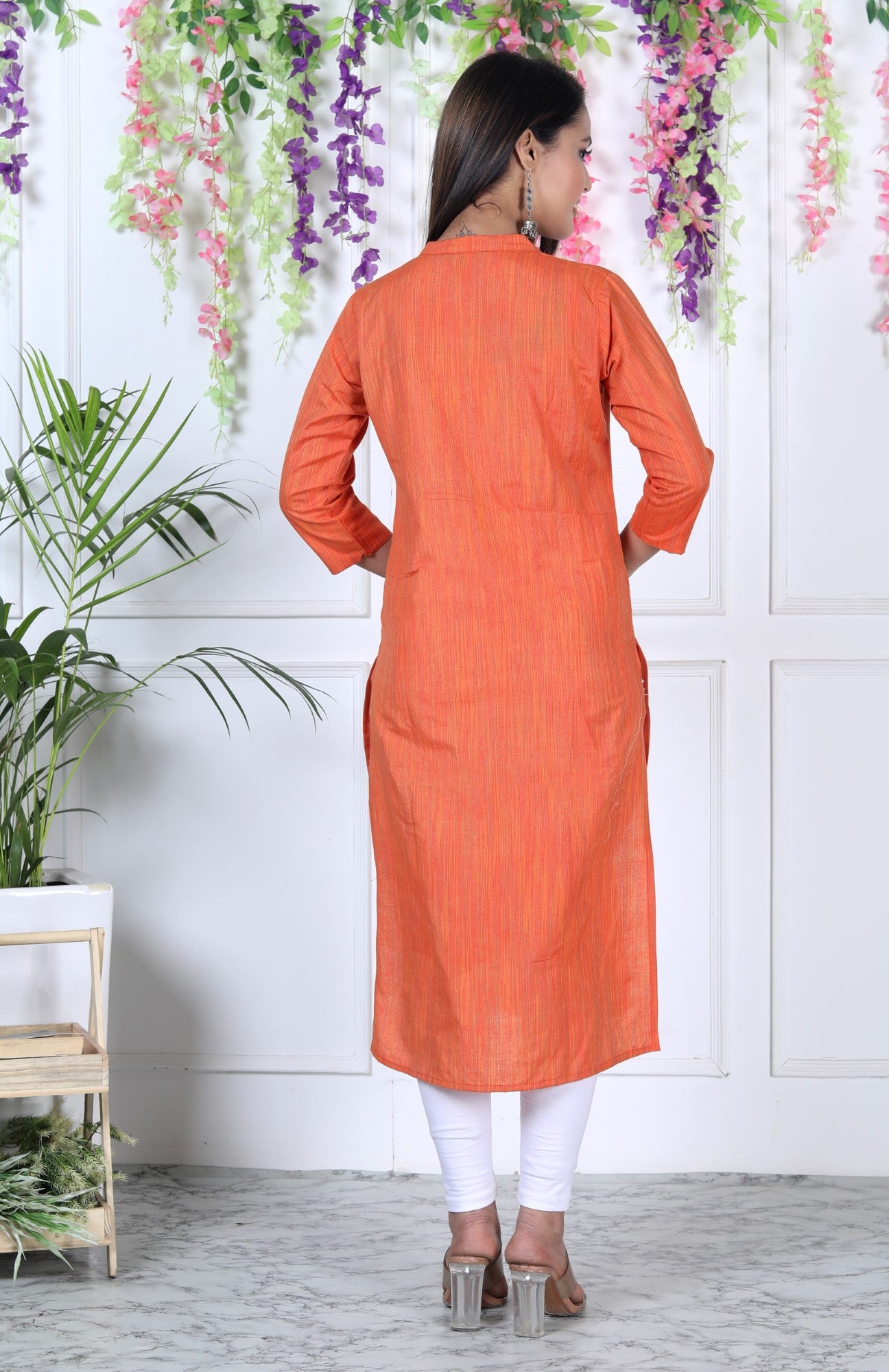 Orange Cotton Solid Print Straight Kurta-1114