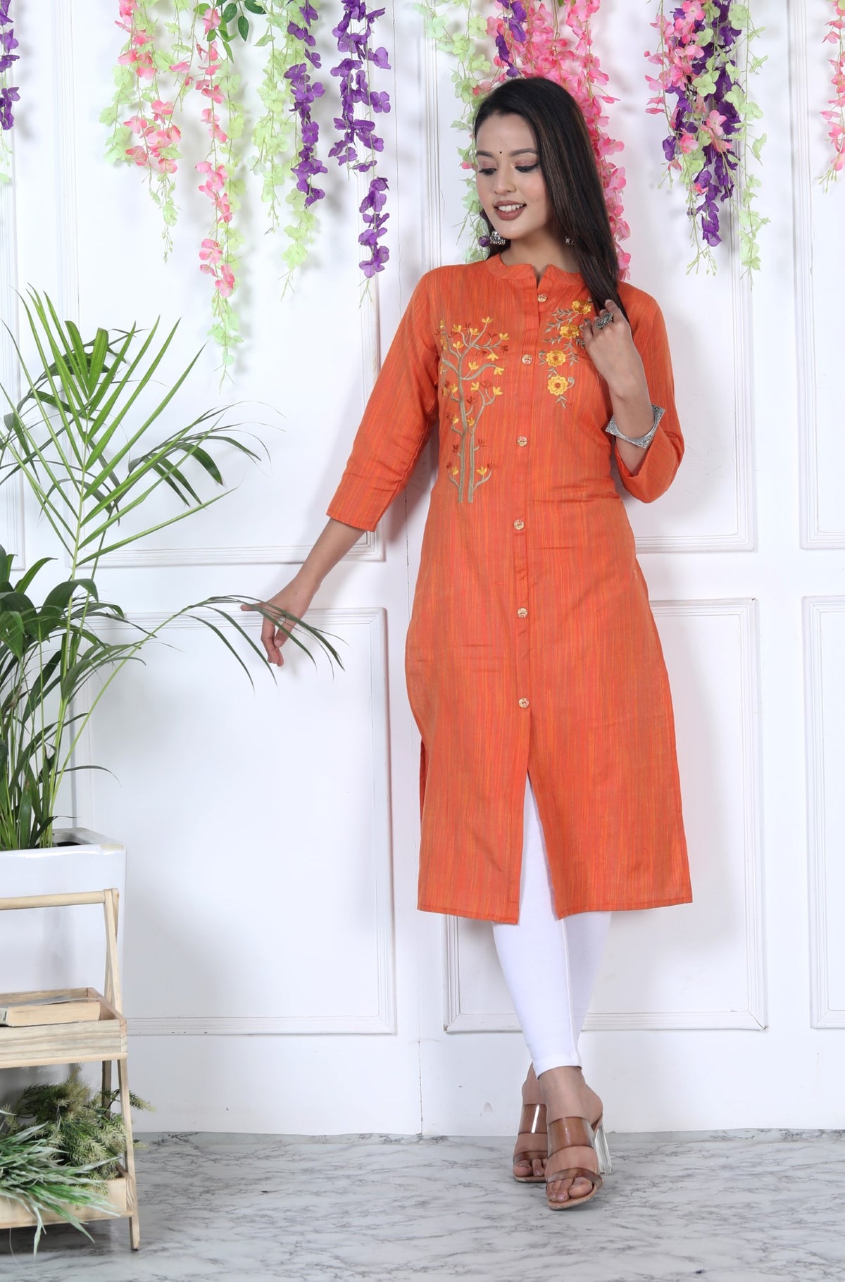 Orange Cotton Solid Print Straight Kurta-1114