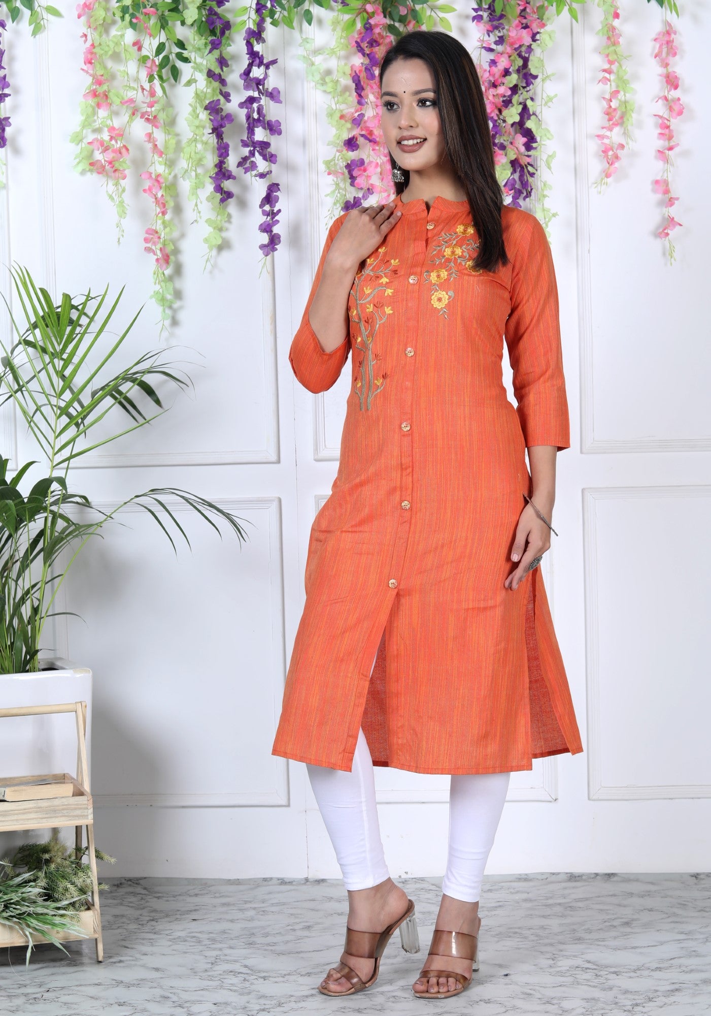 Orange Cotton Solid Print Straight Kurta-1114