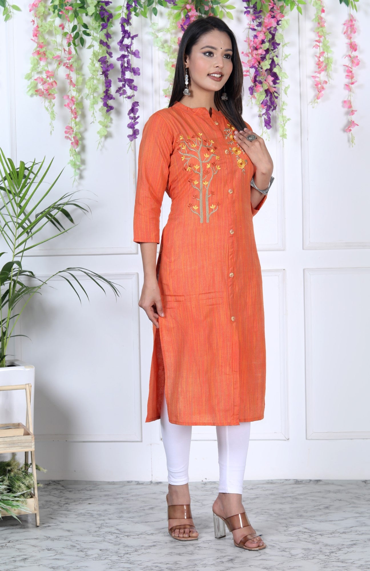 Orange Cotton Solid Print Straight Kurta-1114