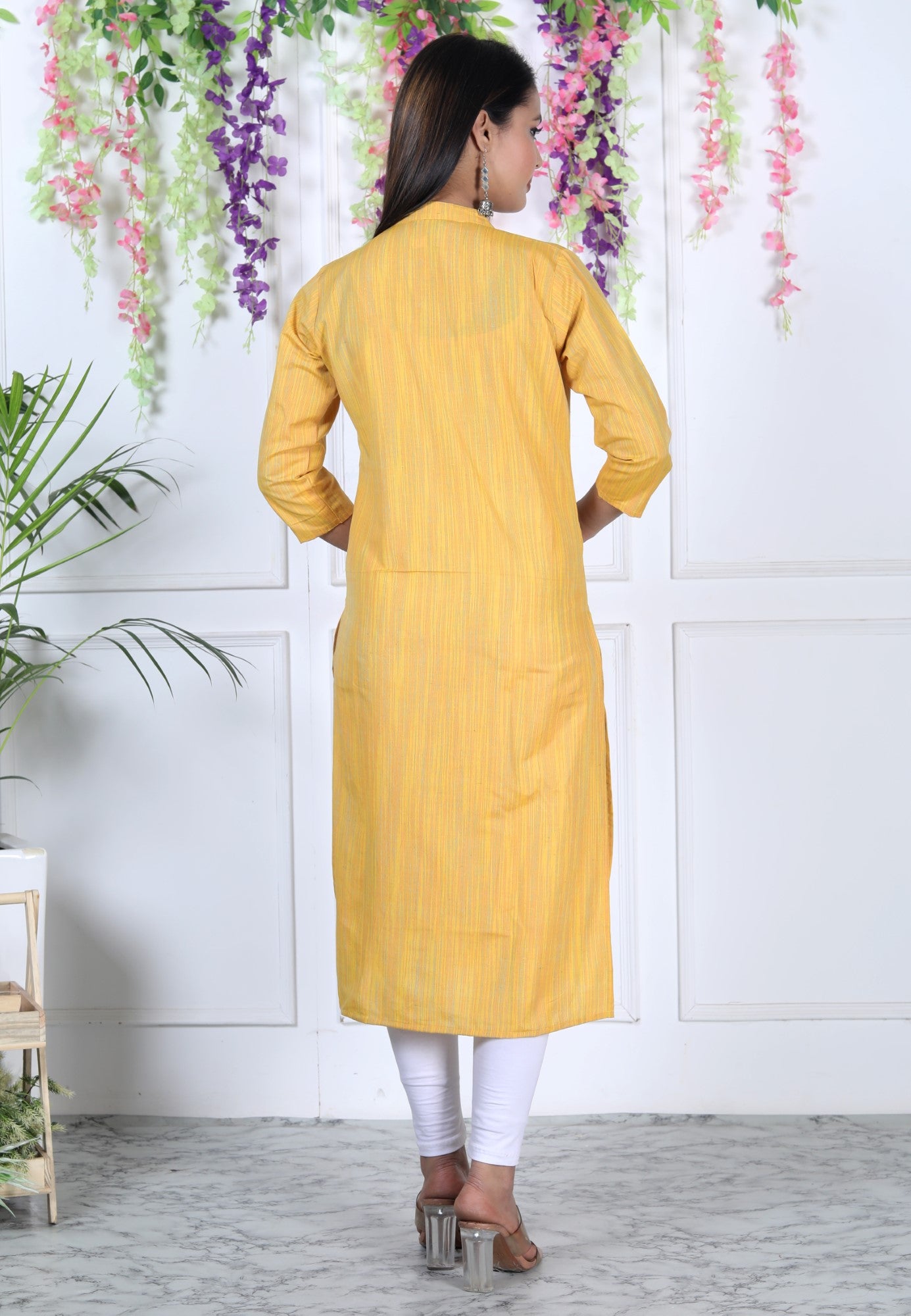 Yellow Cotton Solid Print Straight Kurta-1114