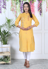 Yellow Cotton Solid Print Straight Kurta-1114