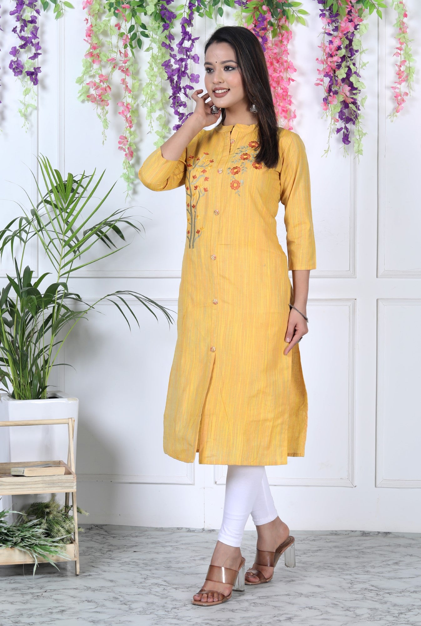 Yellow Cotton Solid Print Straight Kurta-1114