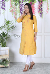 Yellow Cotton Solid Print Straight Kurta-1114