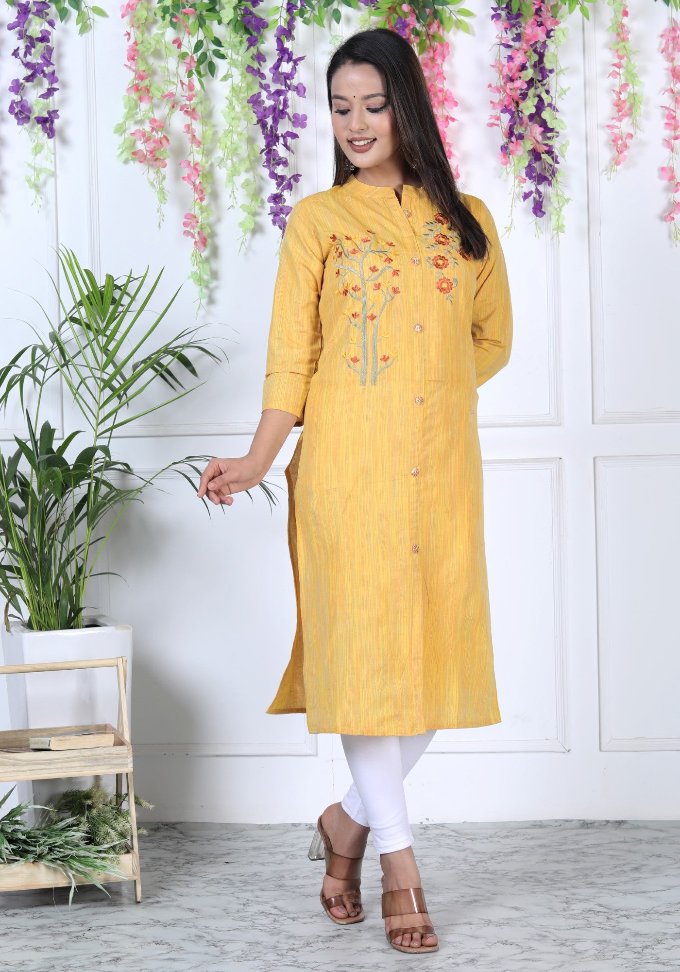 Yellow Cotton Solid Print Straight Kurta-1114