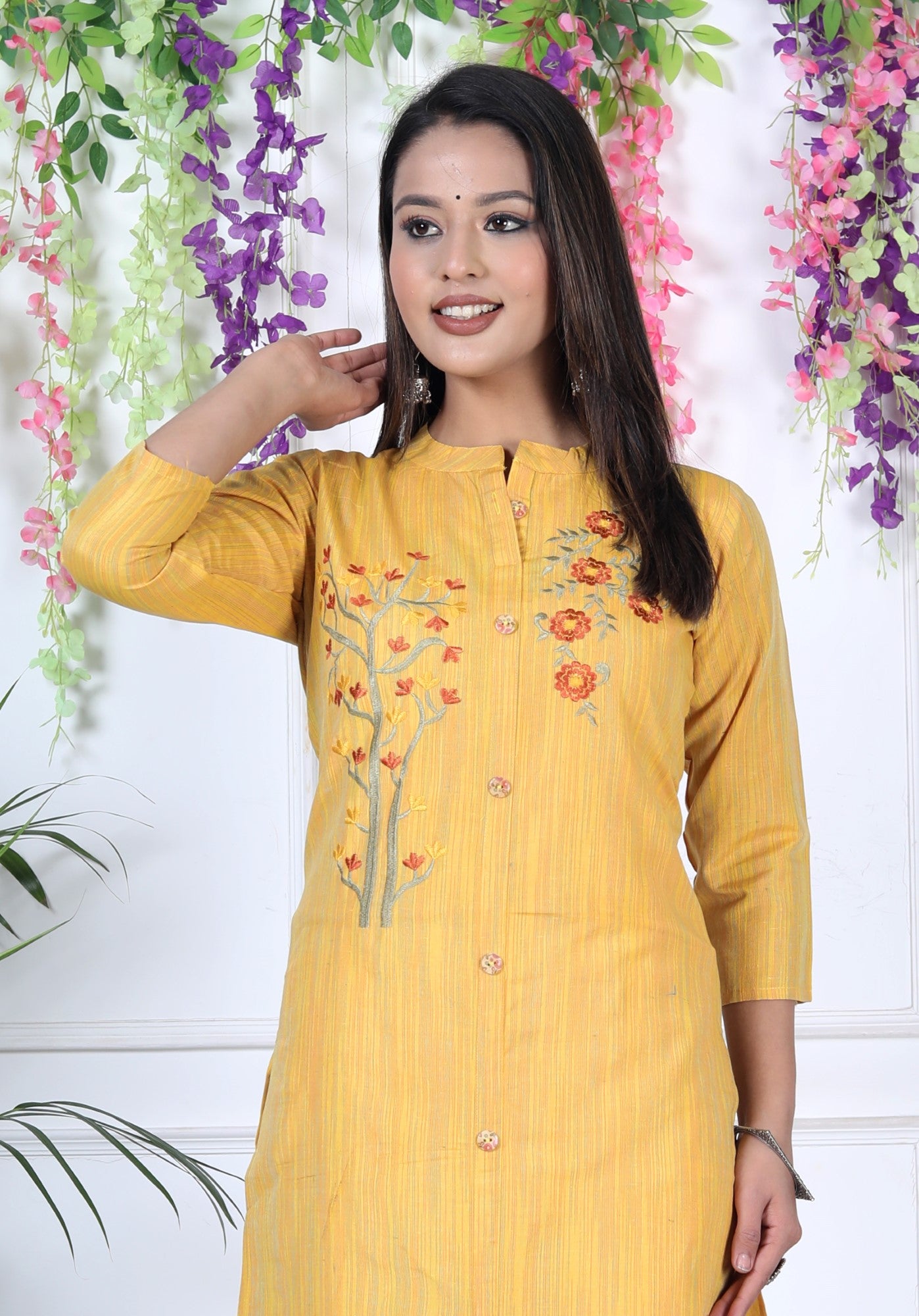 Yellow Cotton Solid Print Straight Kurta-1114